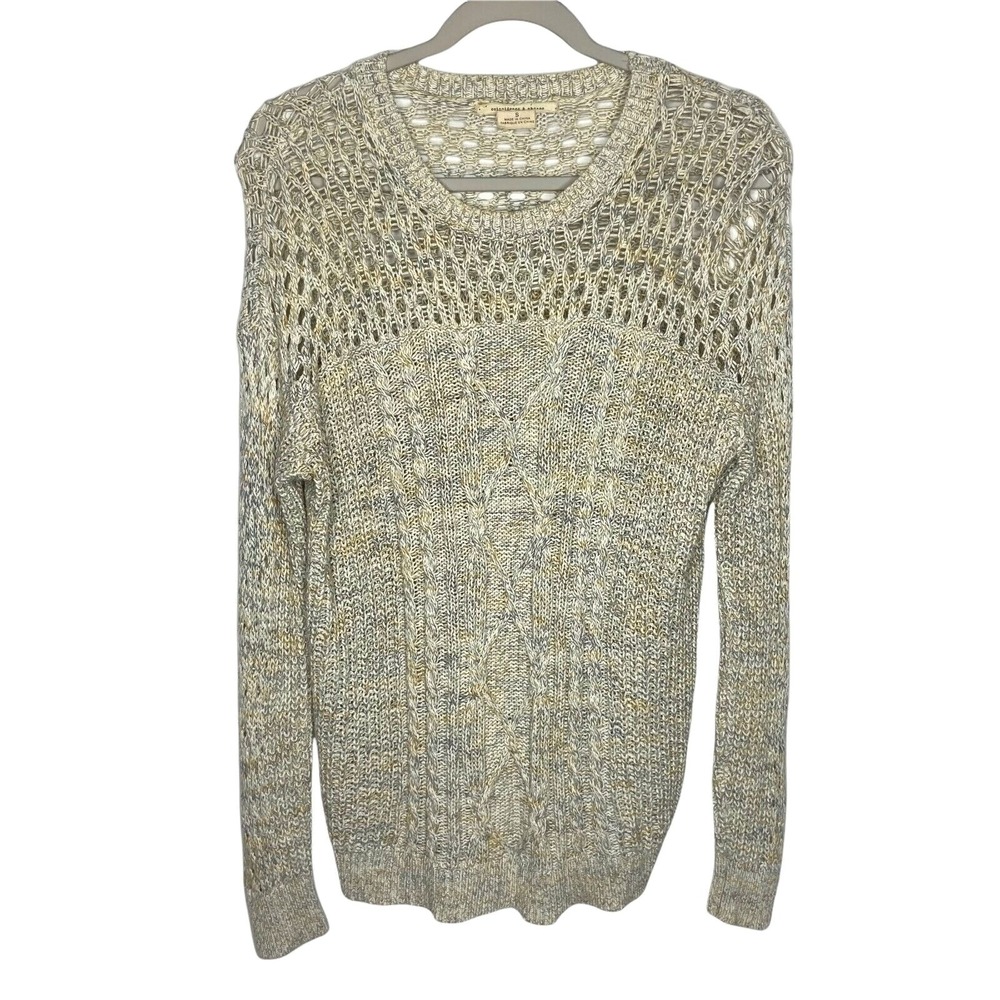 UO Coincidence & Chance Cable Knit‎ Sweater S Gray Cream Open Crochet Lagenlook